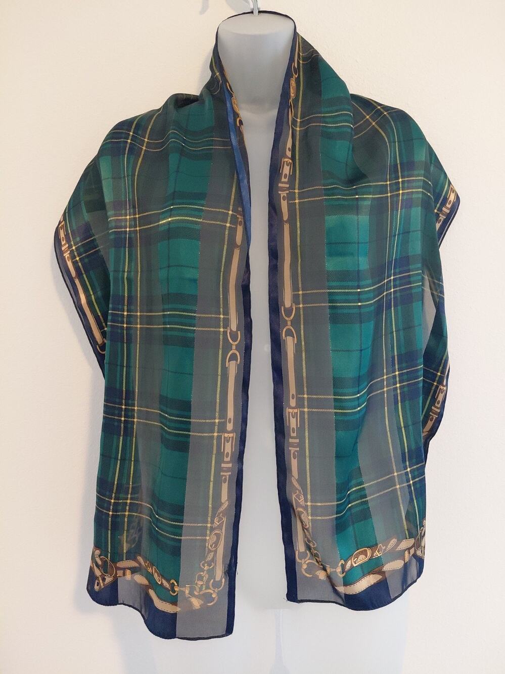 VTG Equestrian Plaid Scarf Satin with Gold Tinsel Oblong 13X58 Green Blue Luxury